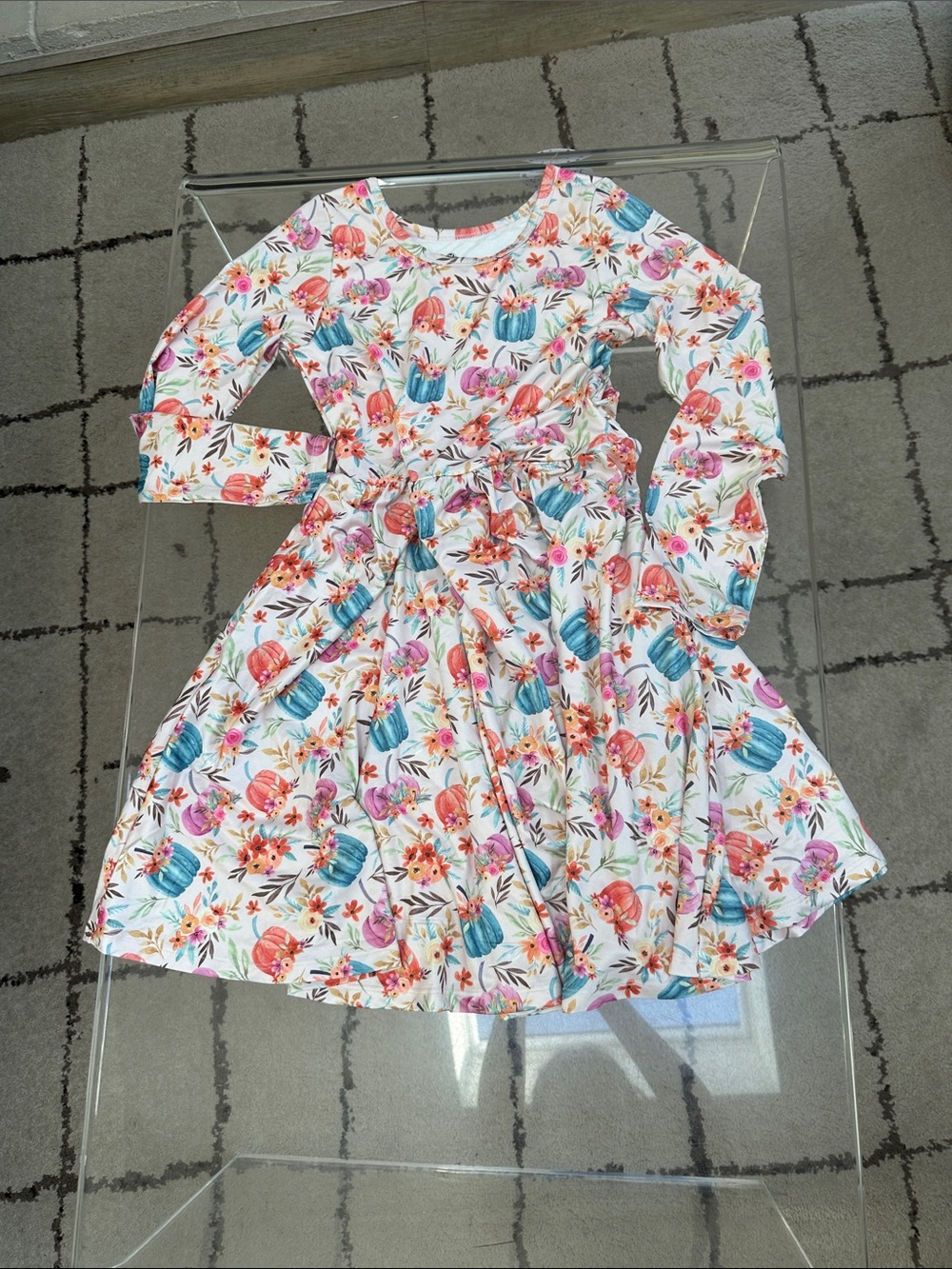 Girls' White Long-Sleeve Dress with Colorful Floral & Pumpkin Print